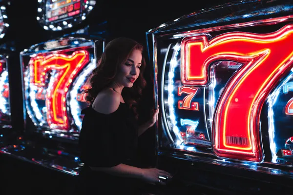 A stylish woman beside vibrant slot machines displaying glowing sevens, showcasing the variety of top slots at 1111BED.